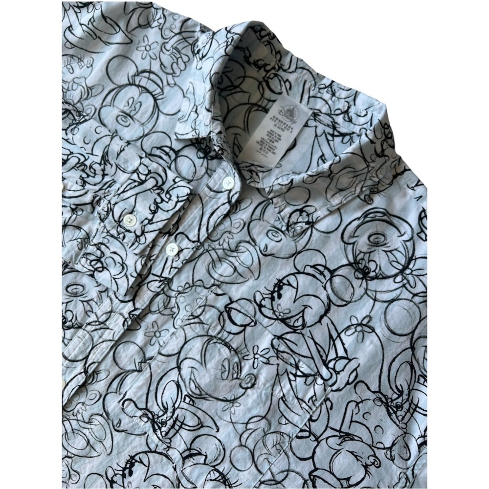 Disney Shirt Mickey Minnie Sketch Print Button Up Women Medium Blue White Cotton